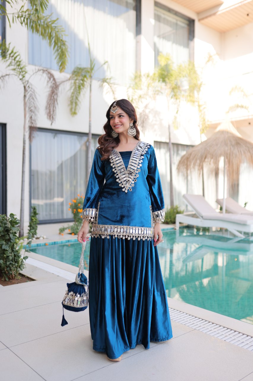 Riva blue velvet kurti palazzo set with zari embroidered real mirror work