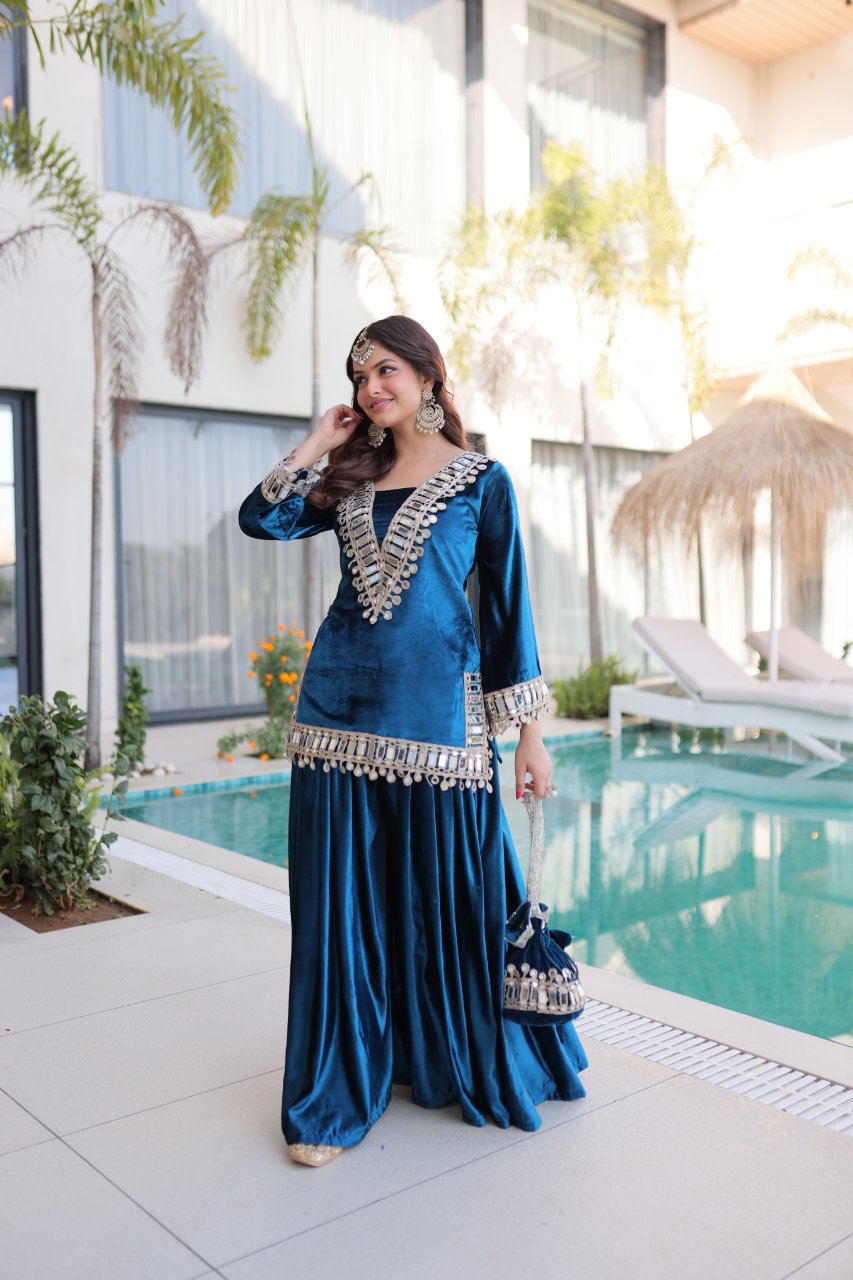 Riva blue velvet kurti palazzo set with zari embroidered real mirror work