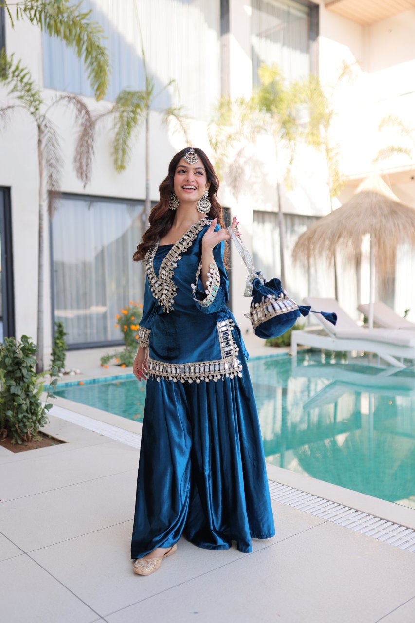 Riva blue velvet kurti palazzo set with zari embroidered real mirror work