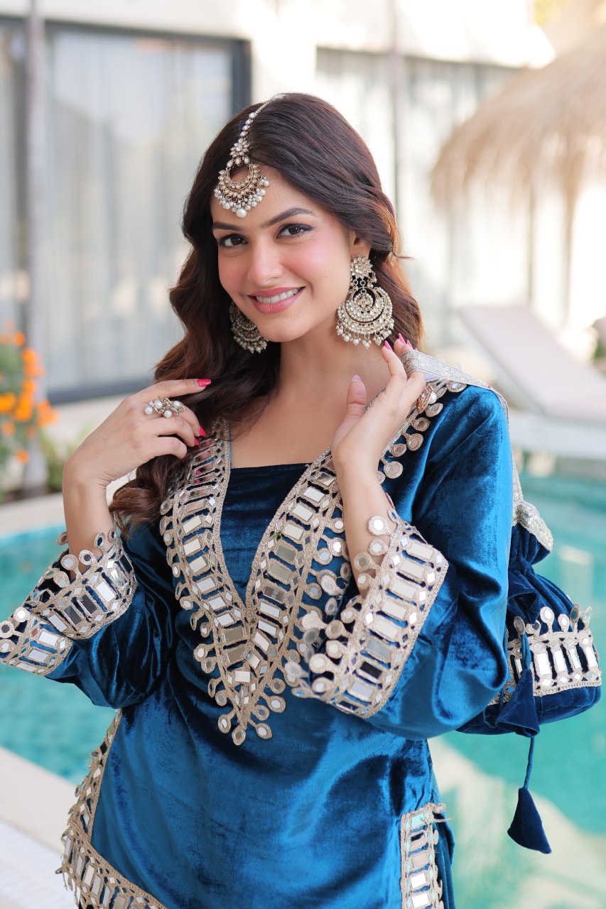 Riva blue velvet kurti palazzo set with zari embroidered real mirror work