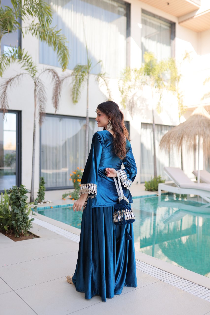 Riva blue velvet kurti palazzo set with zari embroidered real mirror work 
