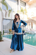 Riva blue velvet kurti palazzo set with zari embroidered real mirror work