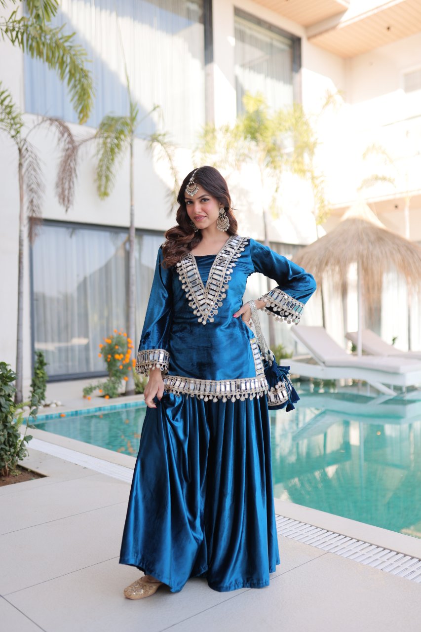 Riva blue velvet kurti palazzo set with zari embroidered real mirror work