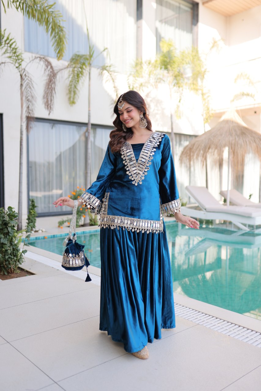 Riva blue velvet kurti palazzo set with zari embroidered real mirror work