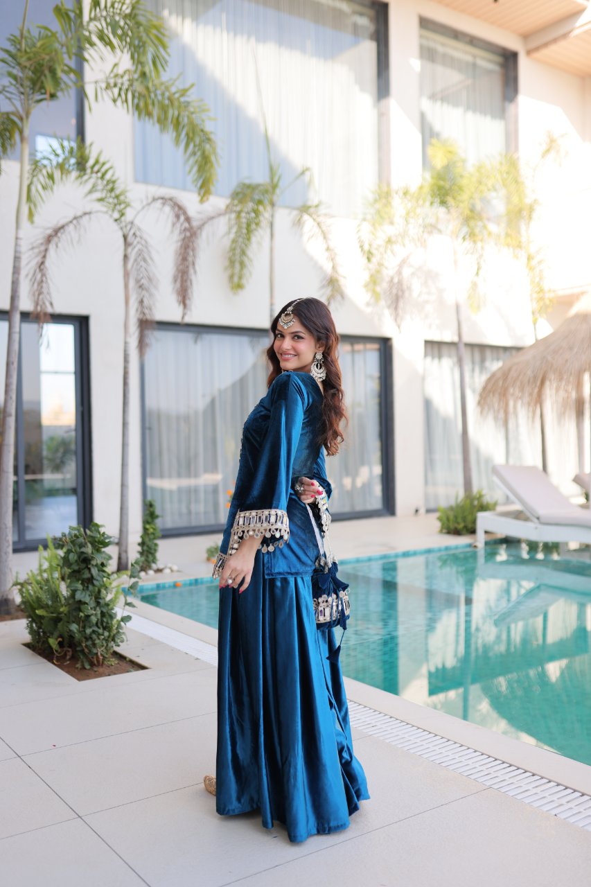 Riva blue velvet kurti palazzo set with zari embroidered real mirror work