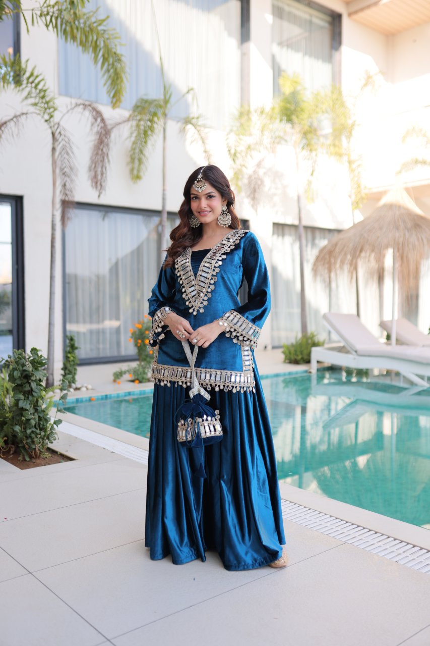 Riva blue velvet kurti palazzo set with zari embroidered real mirror work
