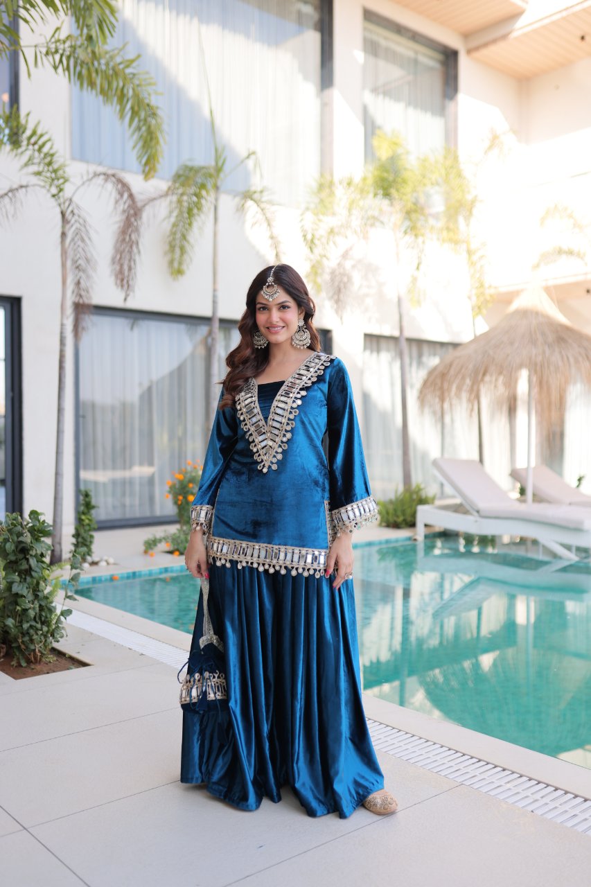Riva blue velvet kurti palazzo set with zari embroidered real mirror work