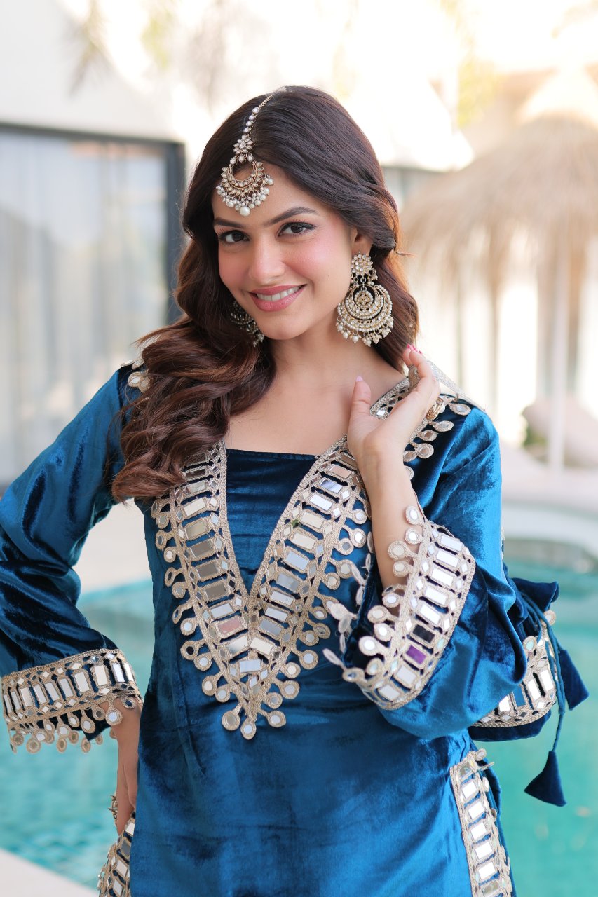 Riva blue velvet kurti palazzo set with zari embroidered real mirror work