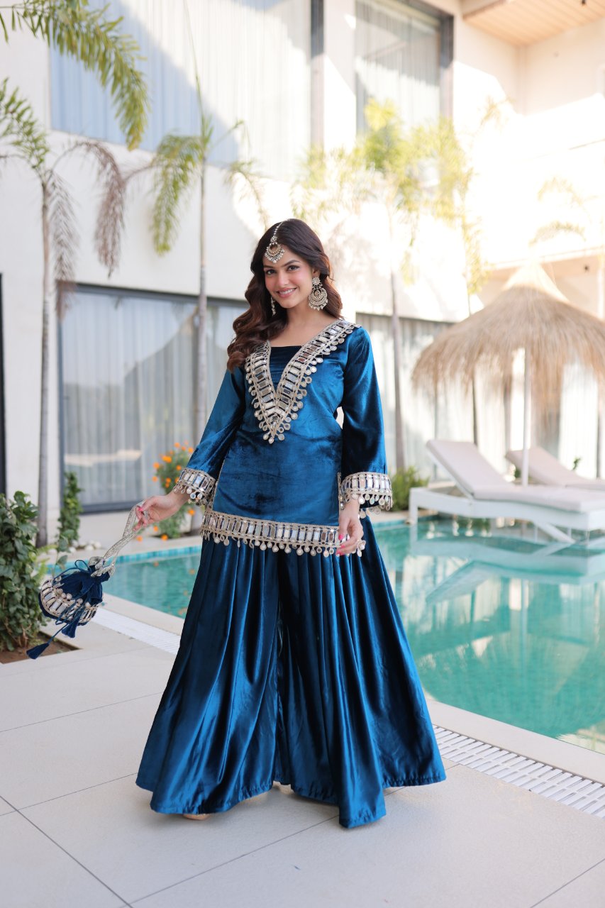 Riva blue velvet kurti palazzo set with zari embroidered real mirror work