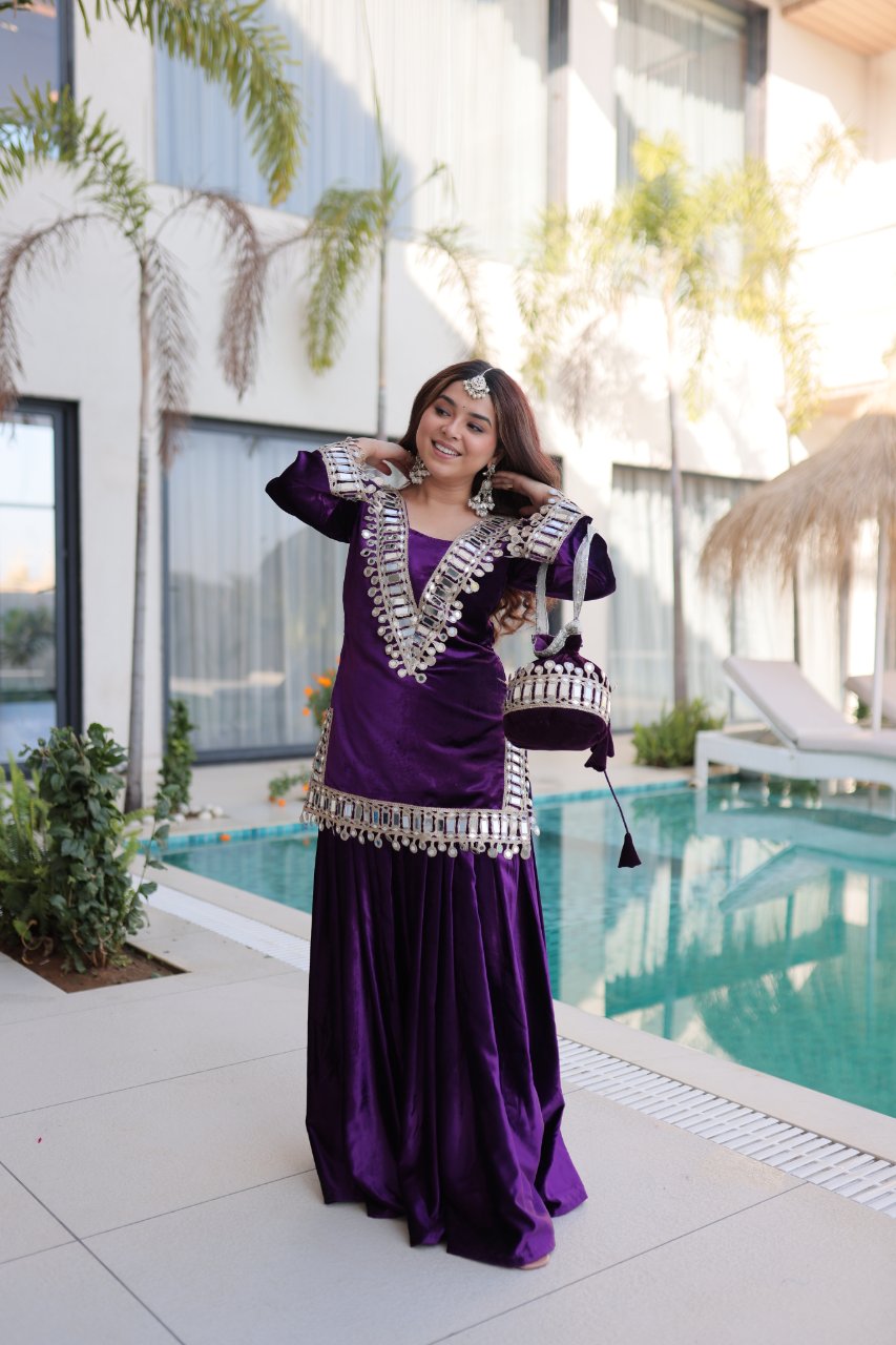 Riva purple velvet kurti palazzo set with zari embroidered real mirror work