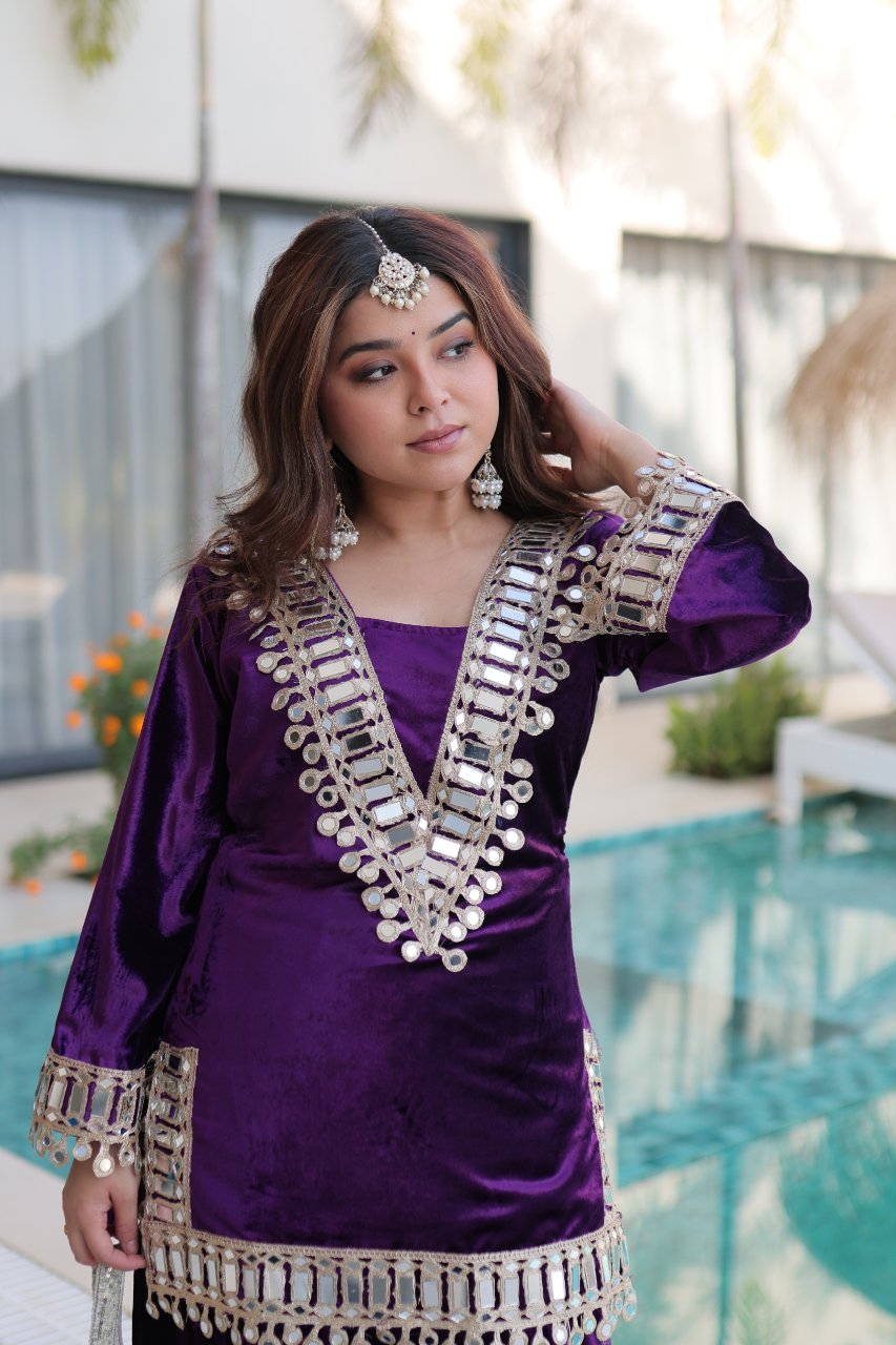 Riva purple velvet kurti palazzo set with zari embroidered real mirror work