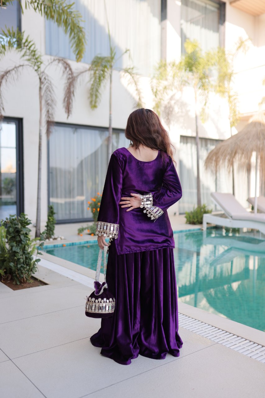 Riva purple velvet kurti palazzo set with zari embroidered real mirror work