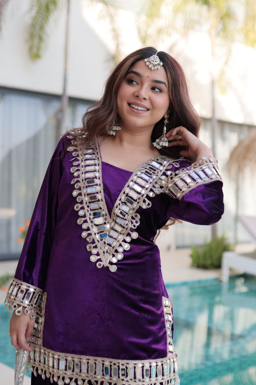 Riva purple velvet kurti palazzo set with zari embroidered real mirror work