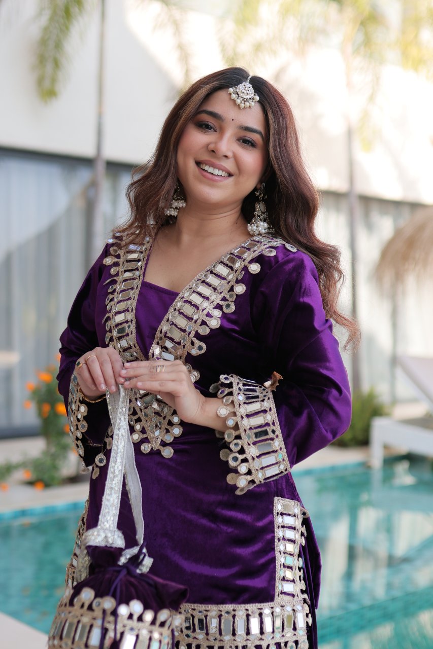 Riva purple velvet kurti palazzo set with zari embroidered real mirror work