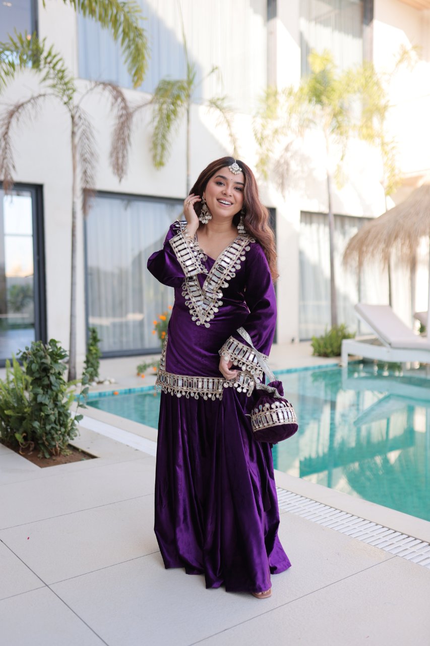 Riva purple velvet kurti palazzo set with zari embroidered real mirror work
