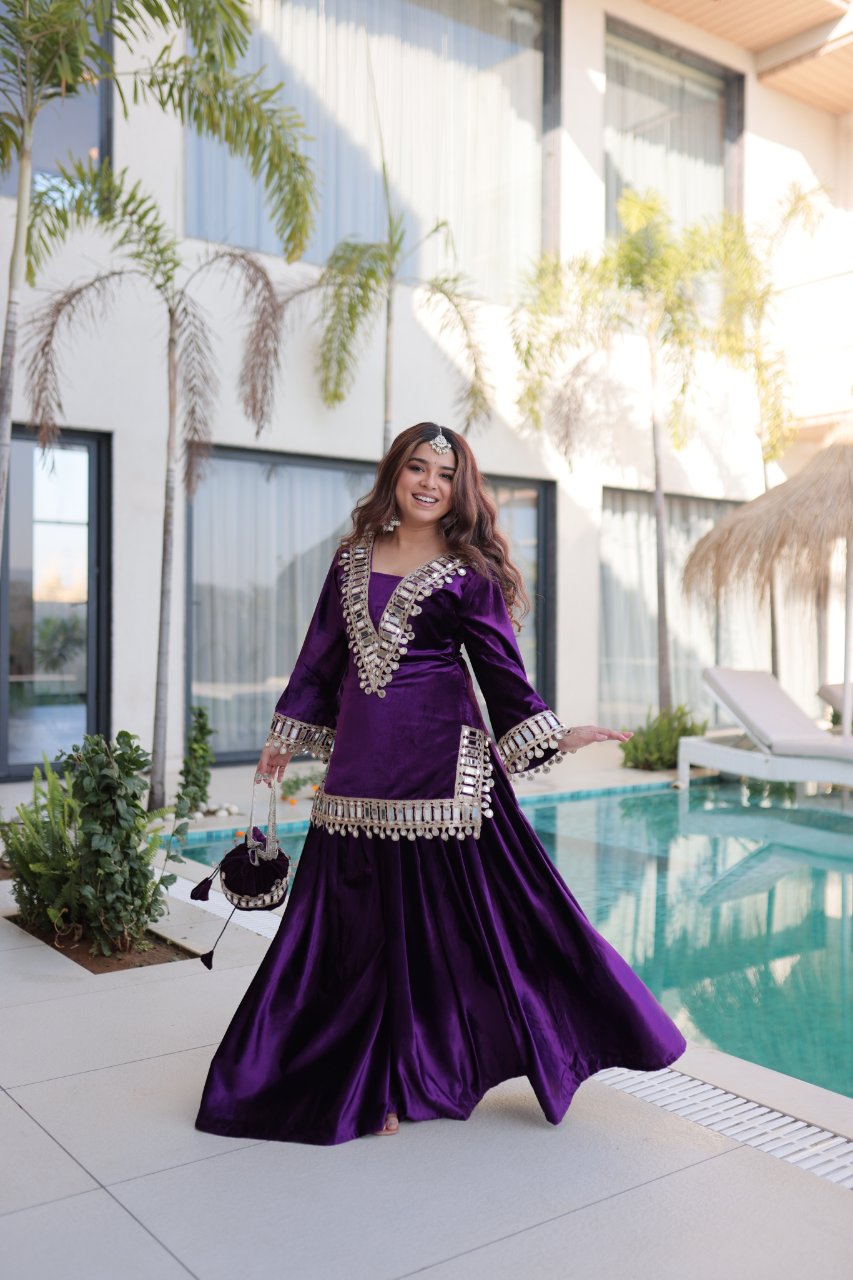 Riva purple velvet kurti palazzo set with zari embroidered real mirror work