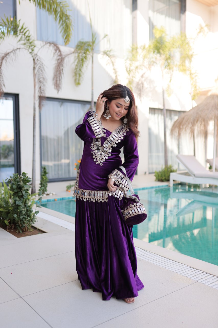 Riva purple velvet kurti palazzo set with zari embroidered real mirror work