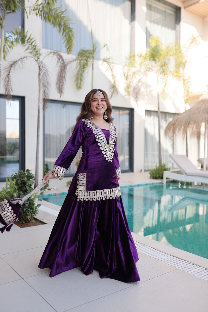 Riva purple velvet kurti palazzo set with zari embroidered real mirror work