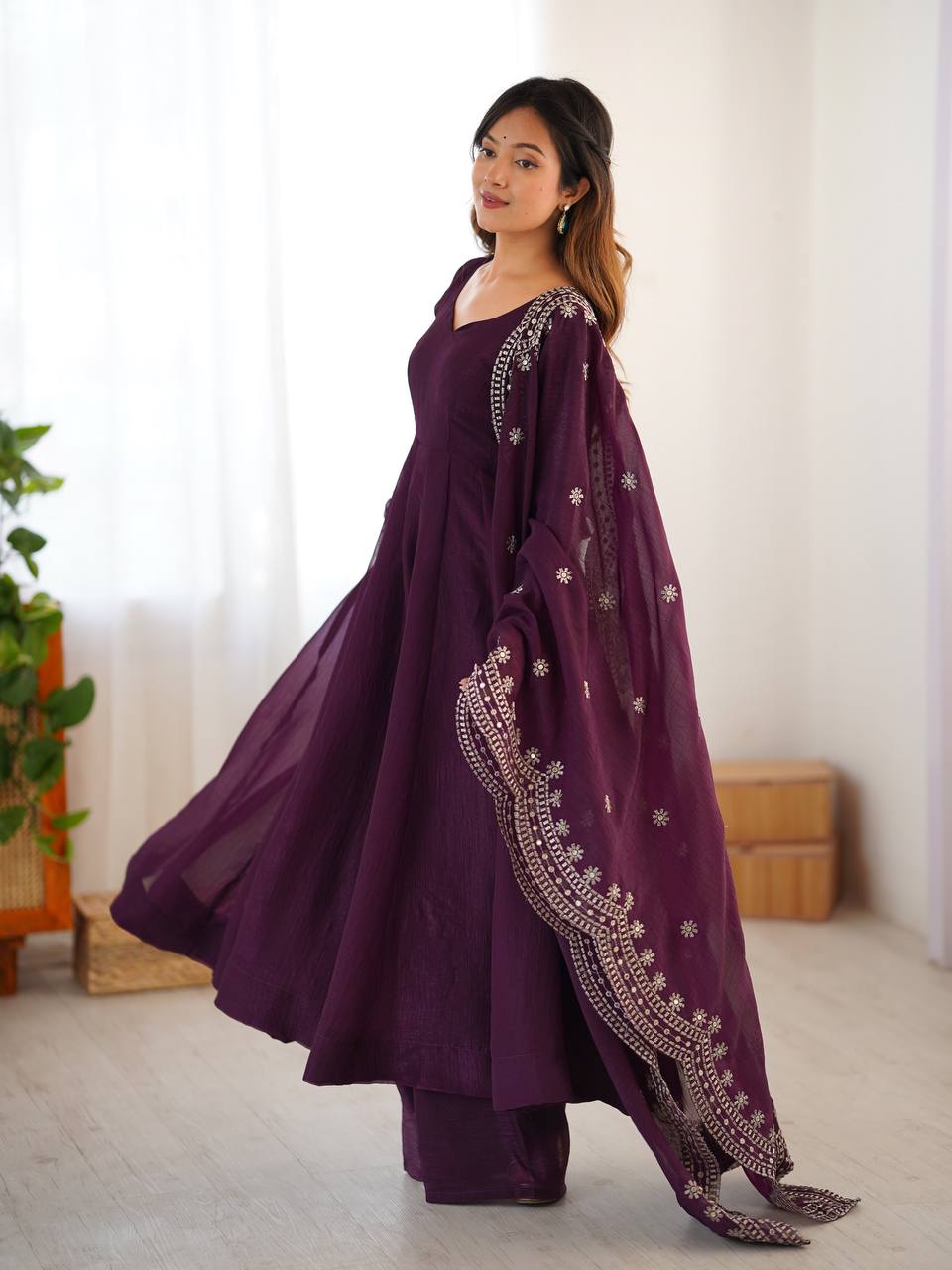 Tiya purple Fandy Silk Anarkali suit with 4.5-meter flair, full sleeves & embroidered dupatta – stitched & ready for weddings, parties & festive wear.