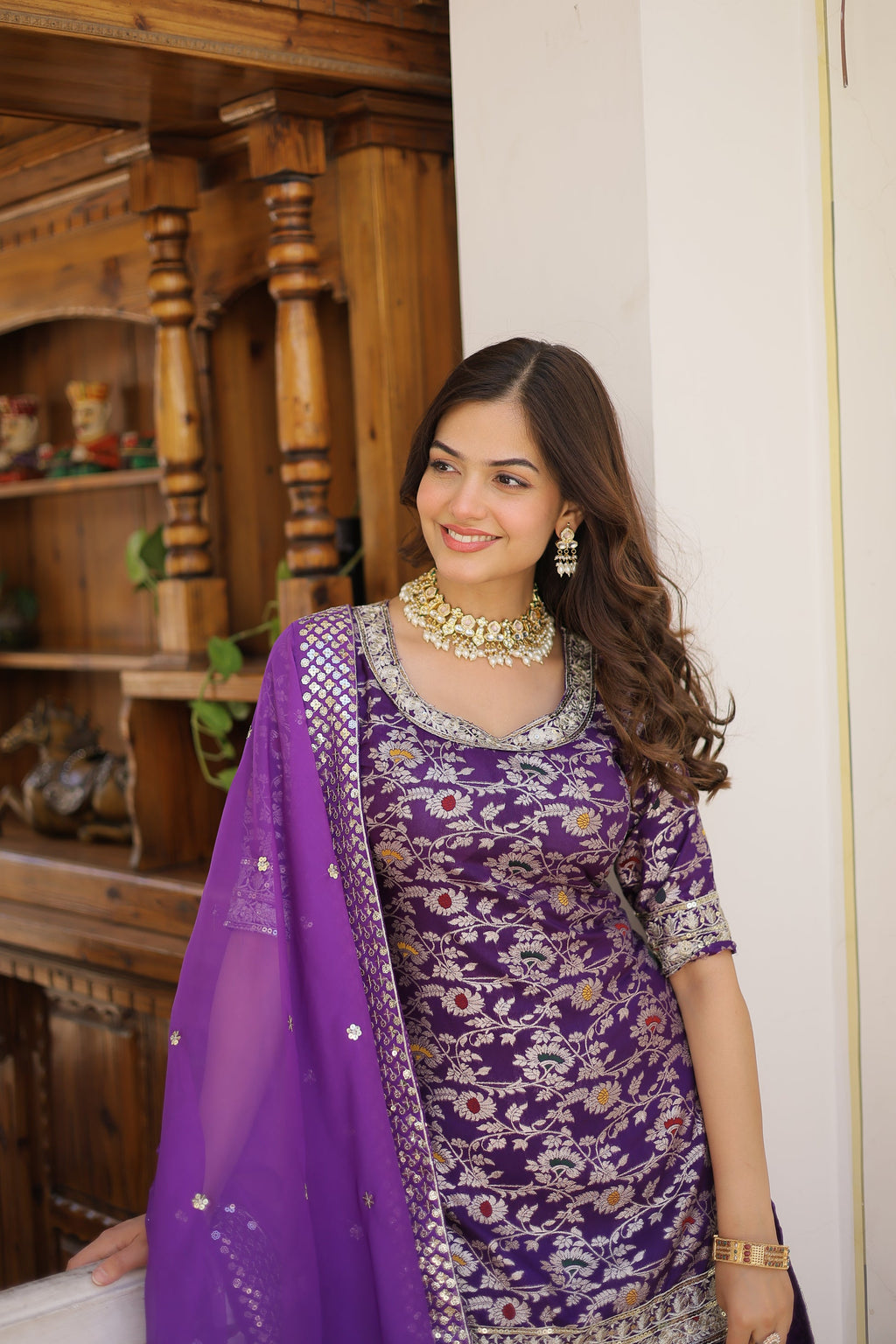 Krishnapriya Wine Viscose Embroidered Kurti Gharara Set