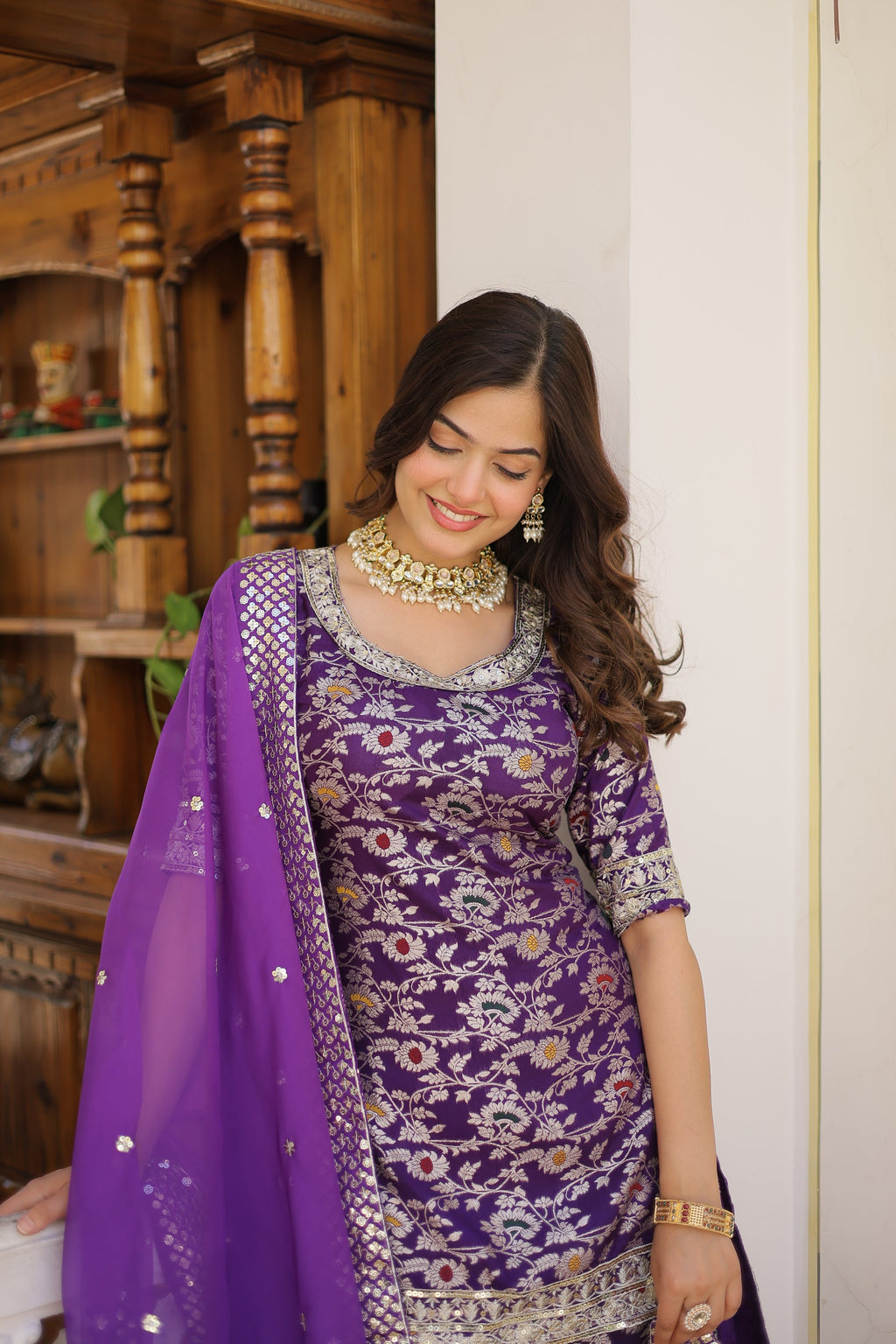 Krishnapriya Wine Viscose Embroidered Kurti Gharara Set