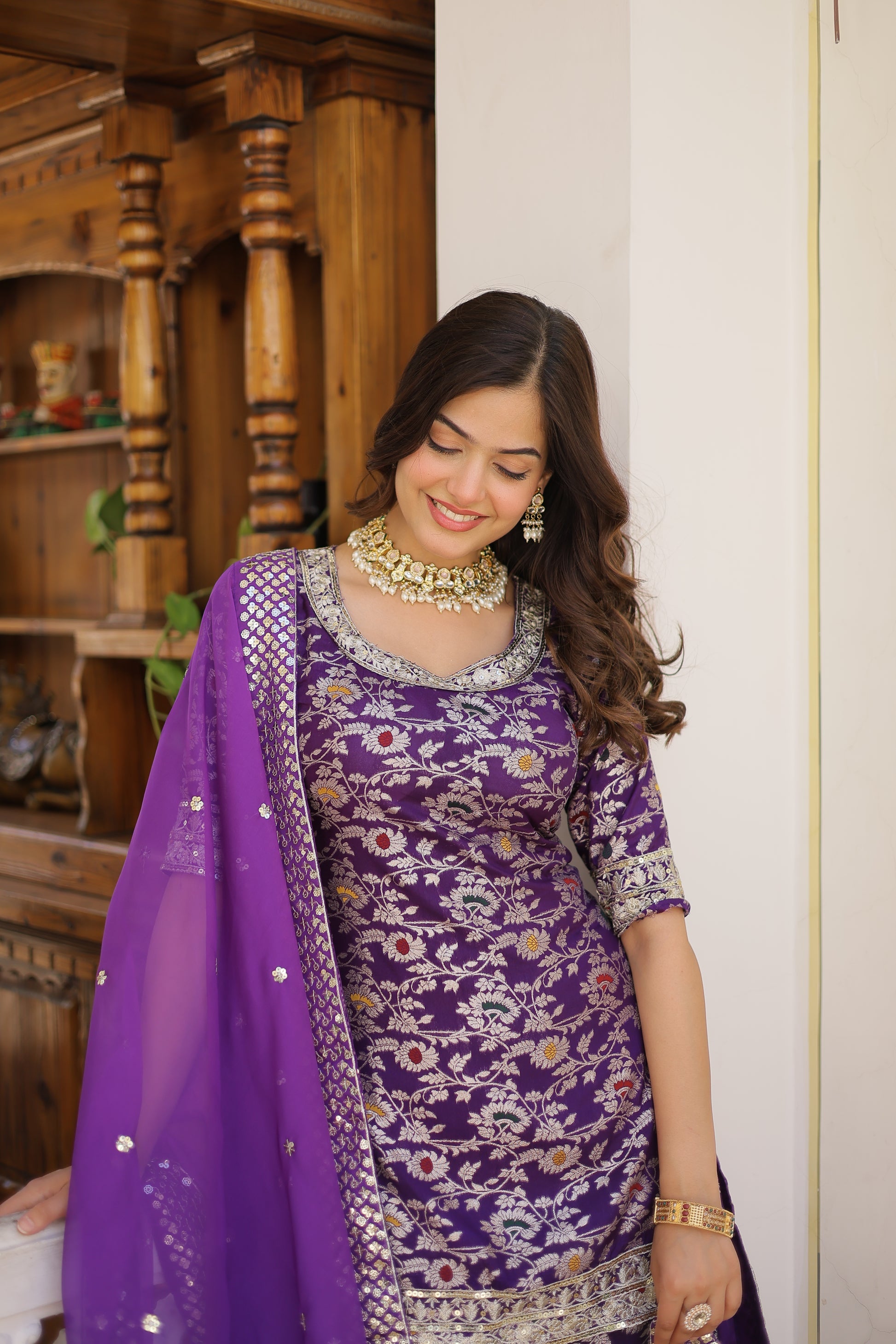 Krishnapriya Wine Viscose Embroidered Kurti Gharara Set