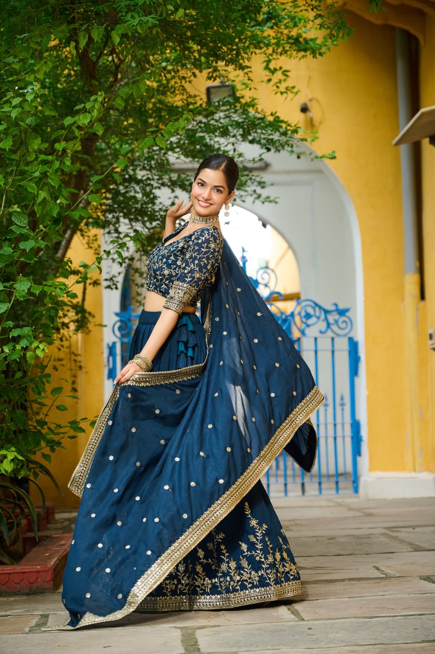 Teal blue Vichitra silk sequins embroidery lehenga choli with dupatta