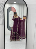 Aroa purple fox georgette kurti palazzo set with embroidery sequence work