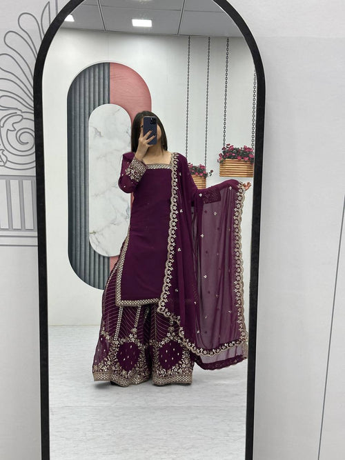 Aroa purple fox georgette kurti palazzo set with embroidery sequence work
