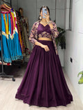 Purple georgette foil print lehenga choli with Chanderi koti