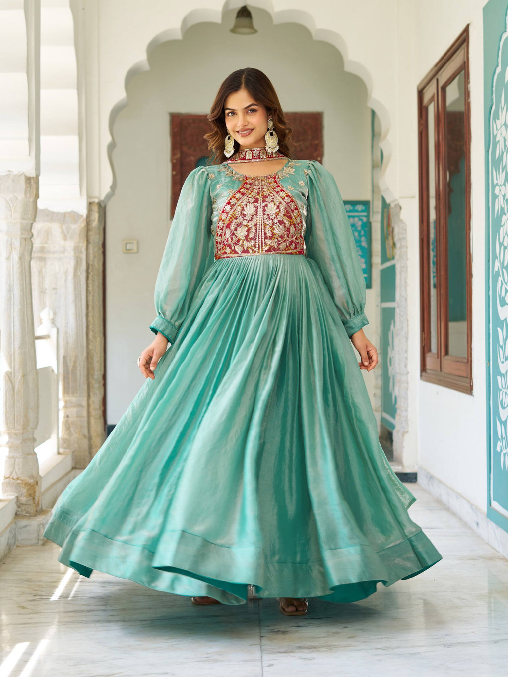 Ritu Sea Green Fendy Silk Sequins Thread Embroidery Work Gown with Dupatta