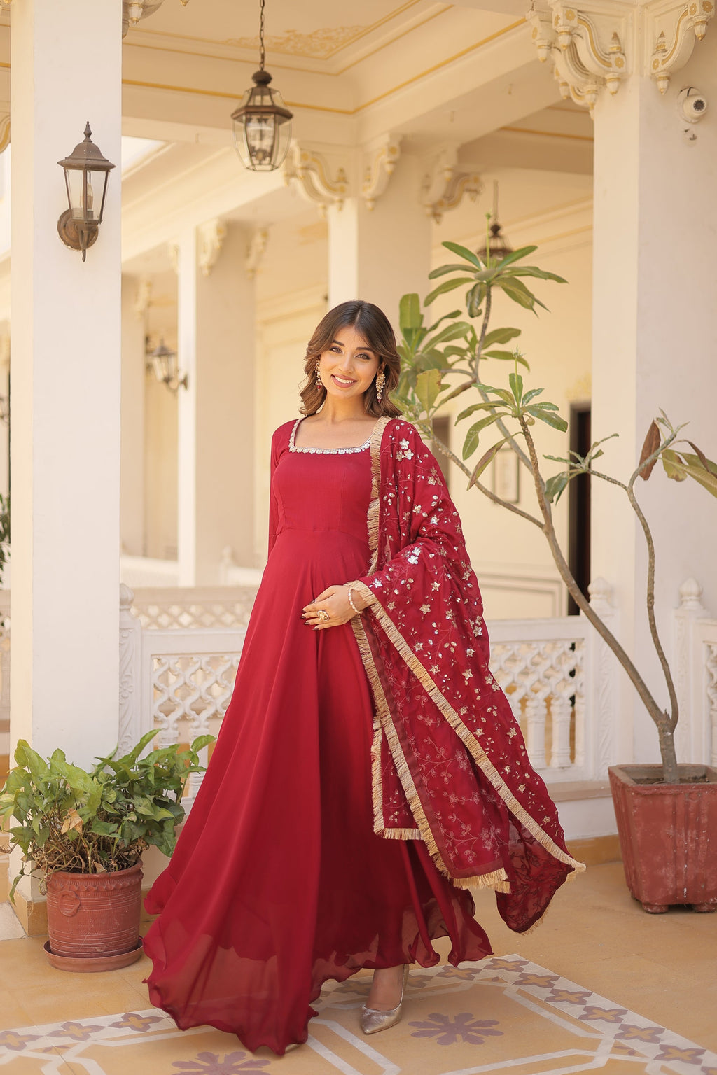 Aparajita Maroon Vichitra Silk Anarkali Gown Set