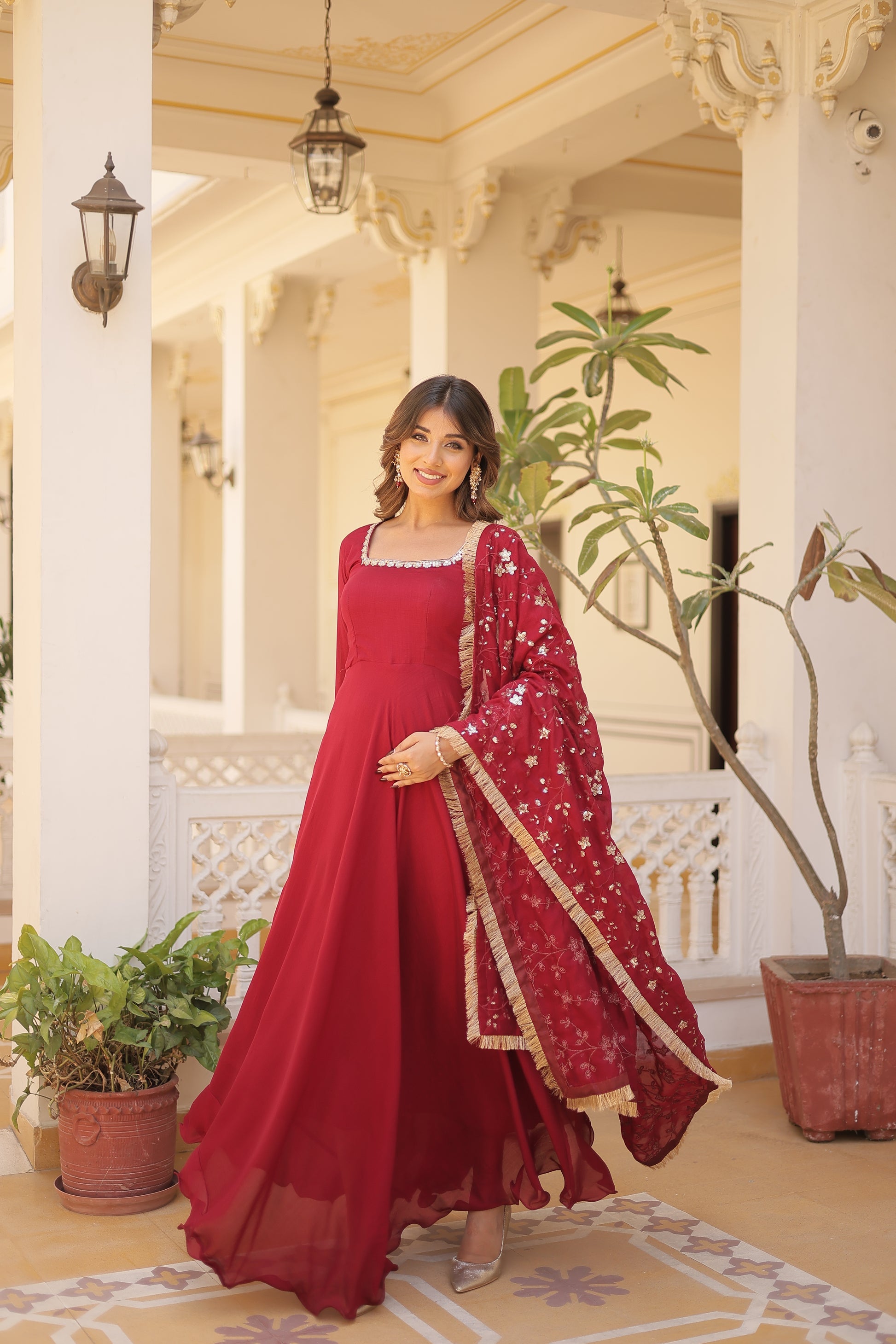 Aparajita Maroon Vichitra Silk Anarkali Gown Set