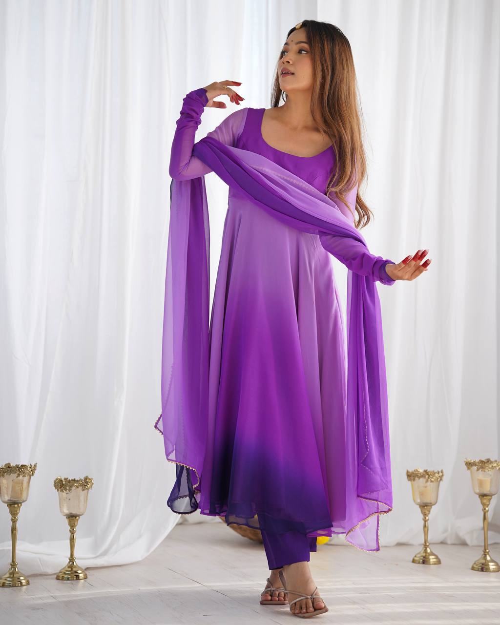 Purple georgette Anarkali gown with dupatta, printed flair gown set, party wear Anarkali set for women—fully stitched festive Trinaari outfit.