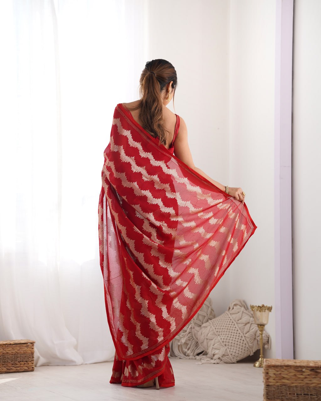 Red georgette saree with sequin & Seroski diamond work, bridal party wear saree with satin blouse, designer ethnic wear by Trinaari for weddings.