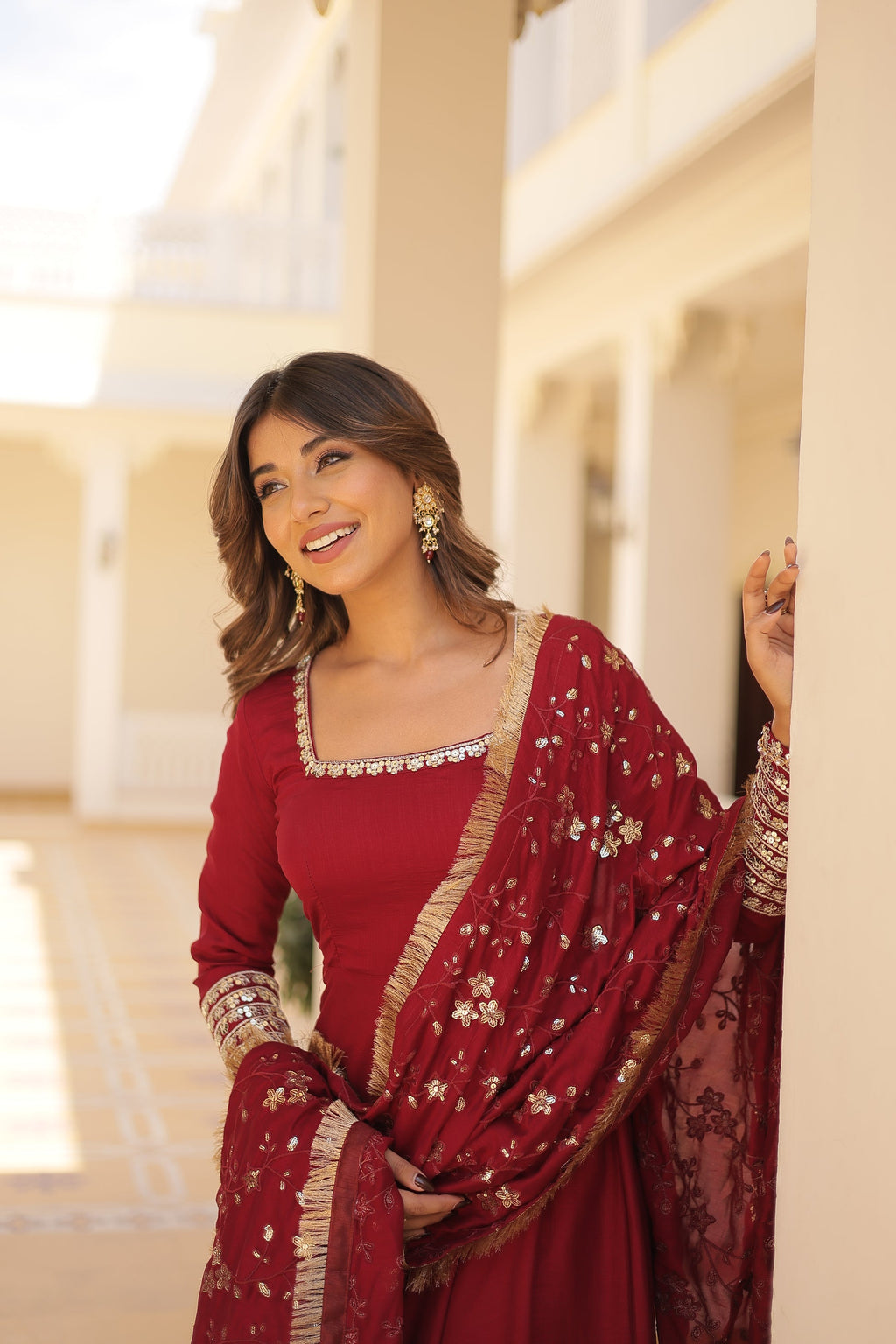 Aparajita Maroon Vichitra Silk Anarkali Gown Set