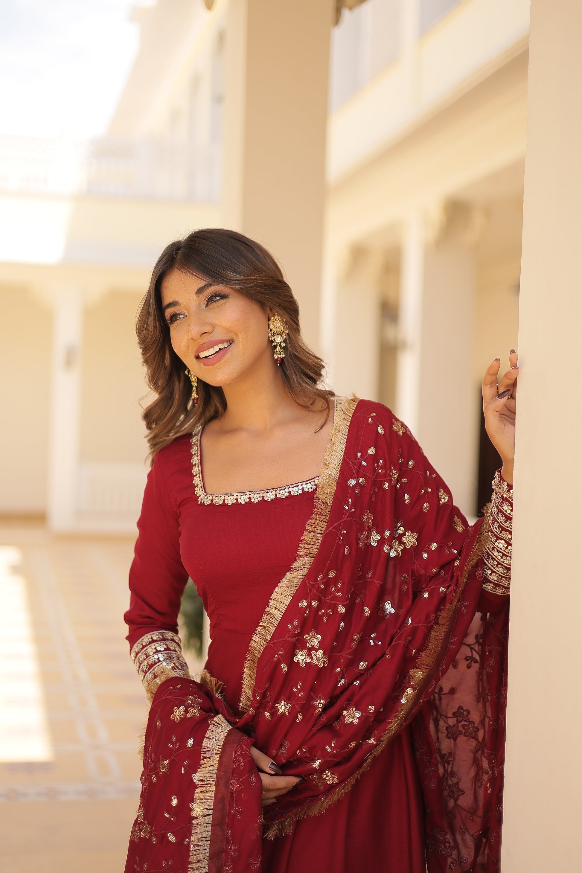 Aparajita Maroon Vichitra Silk Anarkali Gown Set