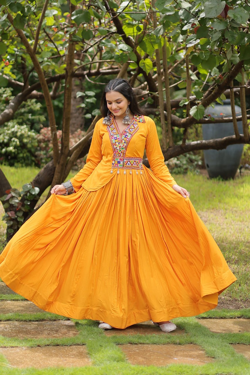 Misty Yellow Rayon Kutchi Gamthi Work Navratri Gown