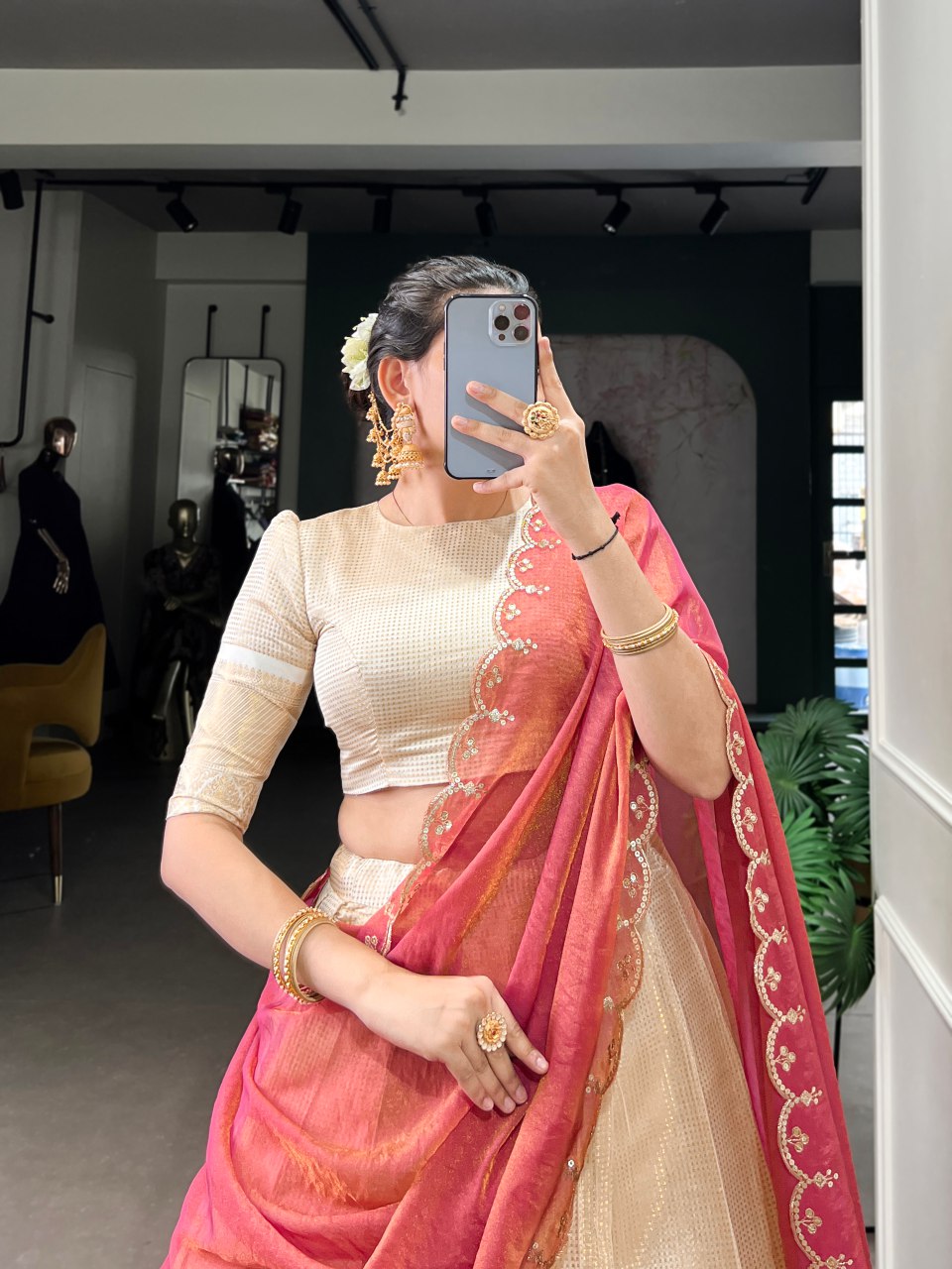 Golden Jacquard Chex Lehenga Choli with Zari Weaving & Embroidered Dupatta