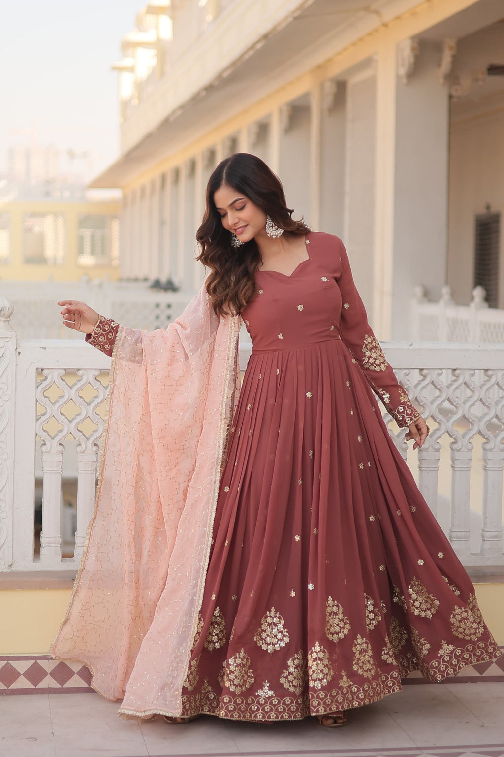 Vasudha brown georgette embroidered anarkali gown set