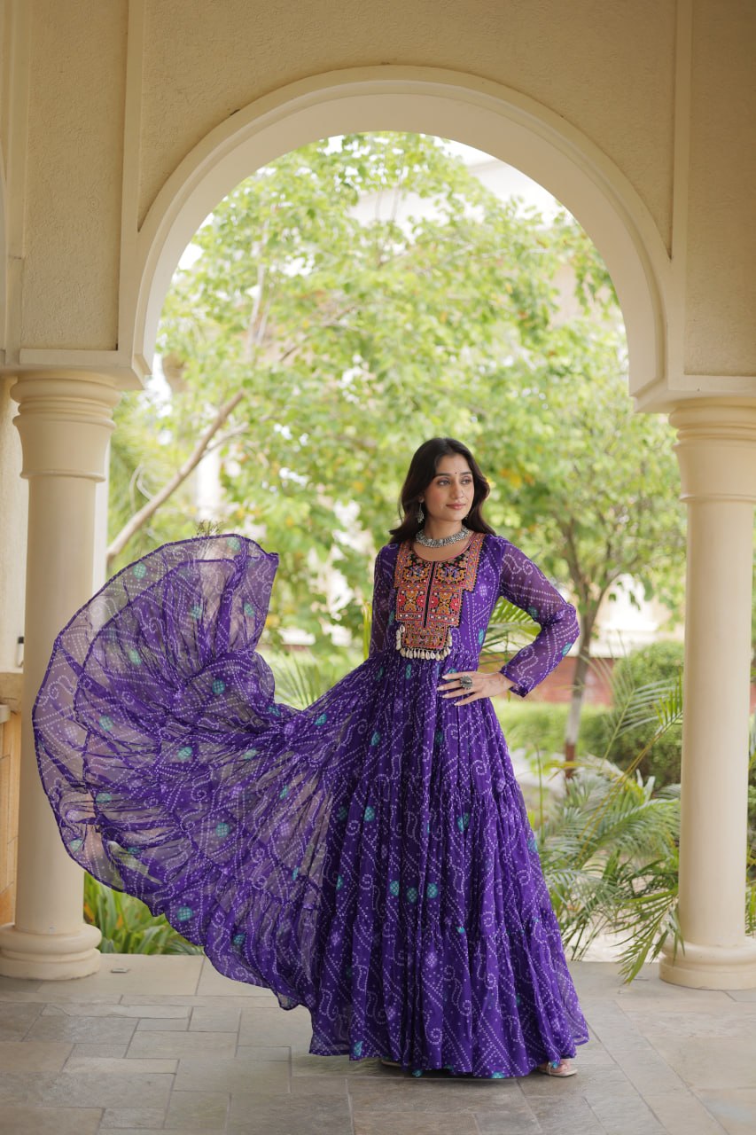 Ira Purple Faux Georgette Bandhani Kutchi Patchwork Gown