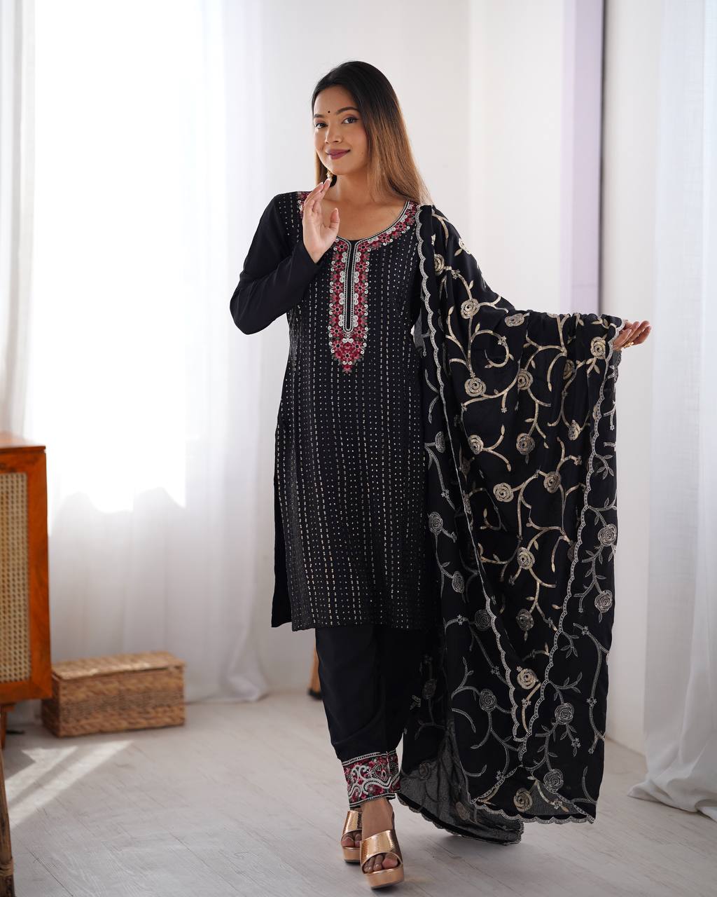Shop this embroidered kurti with pants and dupatta – a stunning chinon silk ethnic wear, fully stitched kurti set online for festive wear for women.