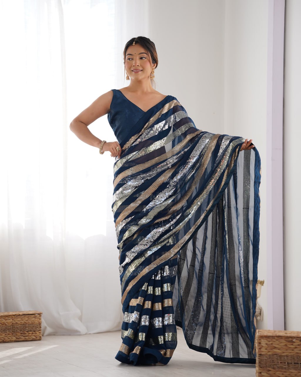 Kira Navy Blue Sequin Embroidery Georgette Saree