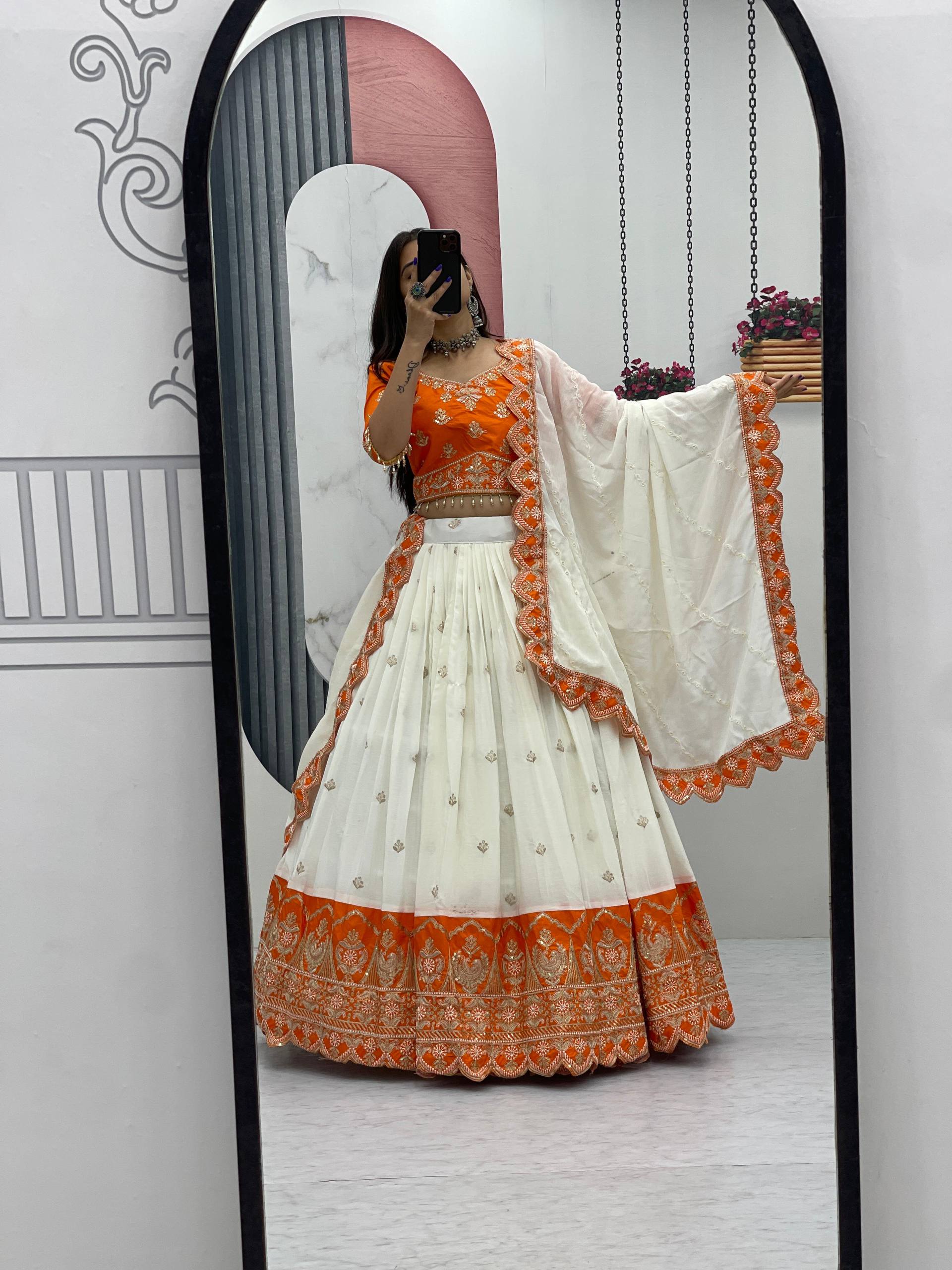 Orange chinon heavy embroidery lehenga choli with dupatta