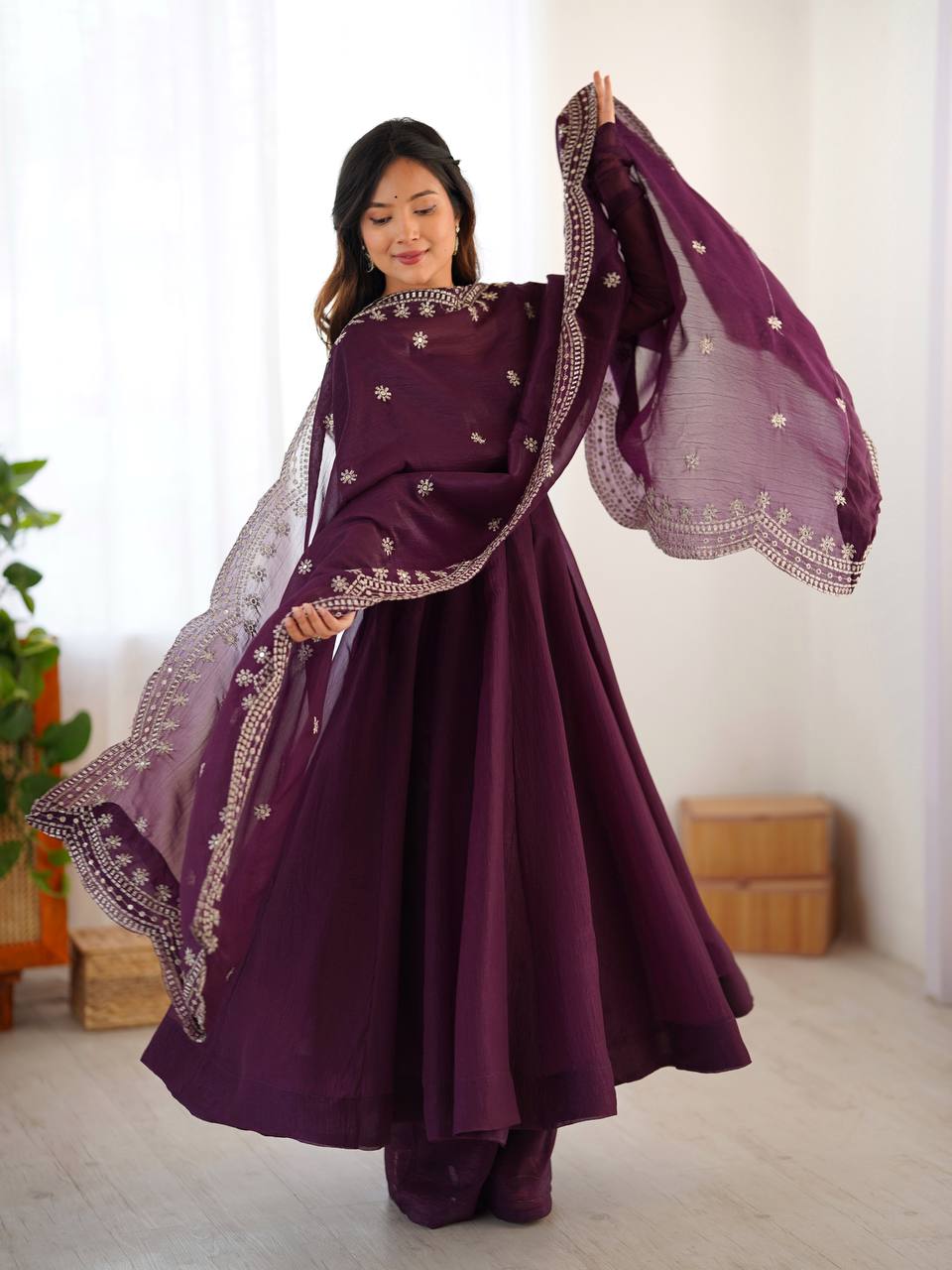 Tiya purple Fandy Silk Anarkali suit with 4.5-meter flair, full sleeves & embroidered dupatta – stitched & ready for weddings, parties & festive wear.