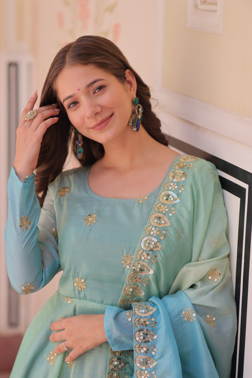 Sky blue organza flair sequins zari embroidery gown with dupatta