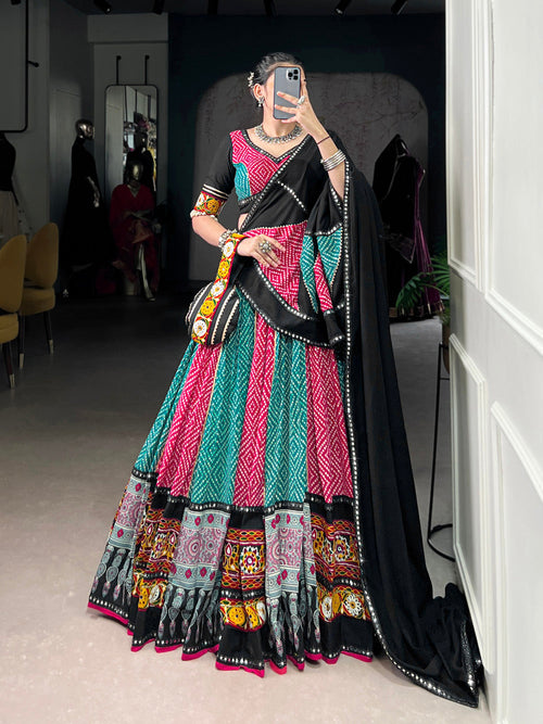 Black pink pure rayon Bandhej Ajrakh Gamthi mirror work lehenga choli