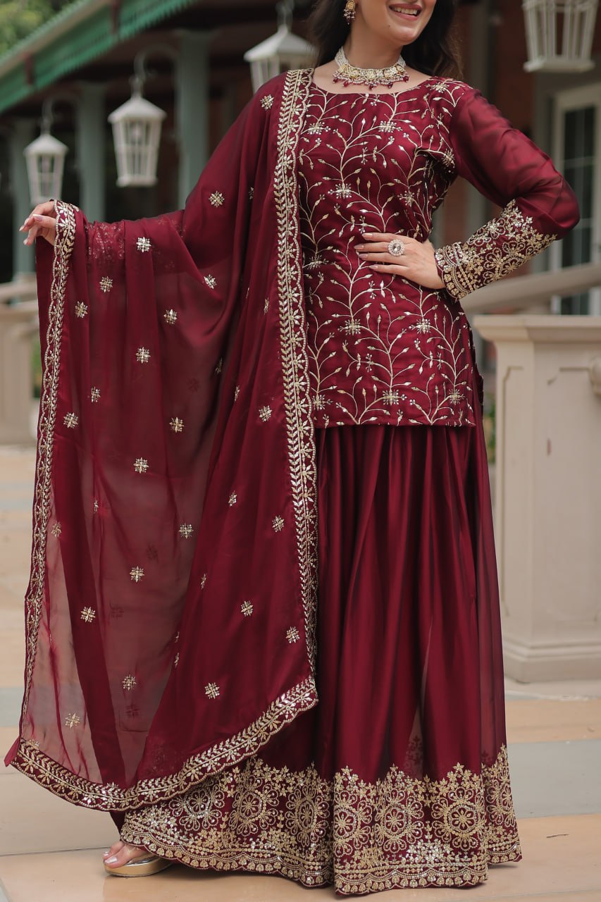 Hitanshi Maroon Rangoli Silk Embroidered Kurti Plazzo Set