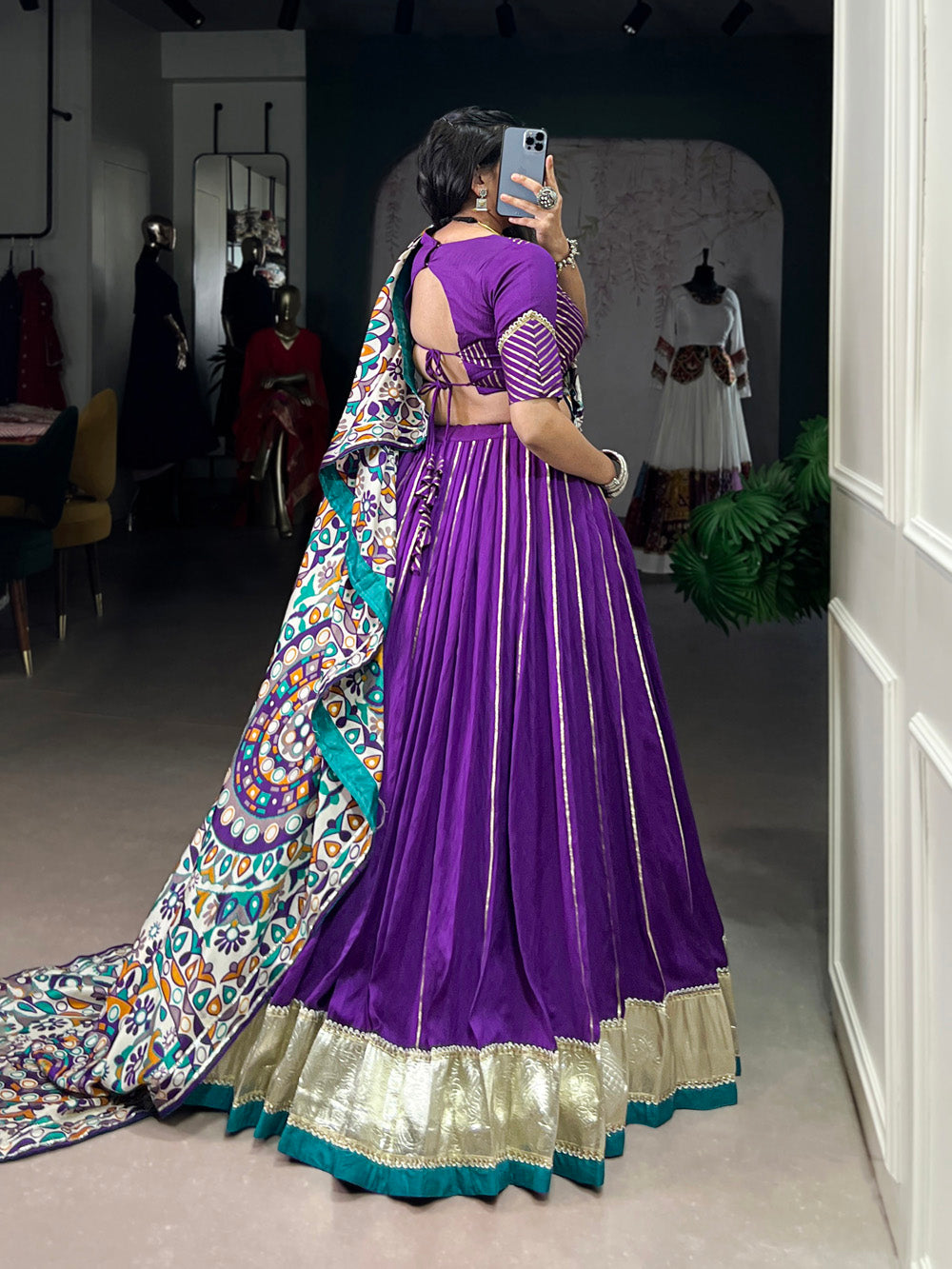 Purple Chanderi Zari Weaving and Embossed Lace Lehenga Choli