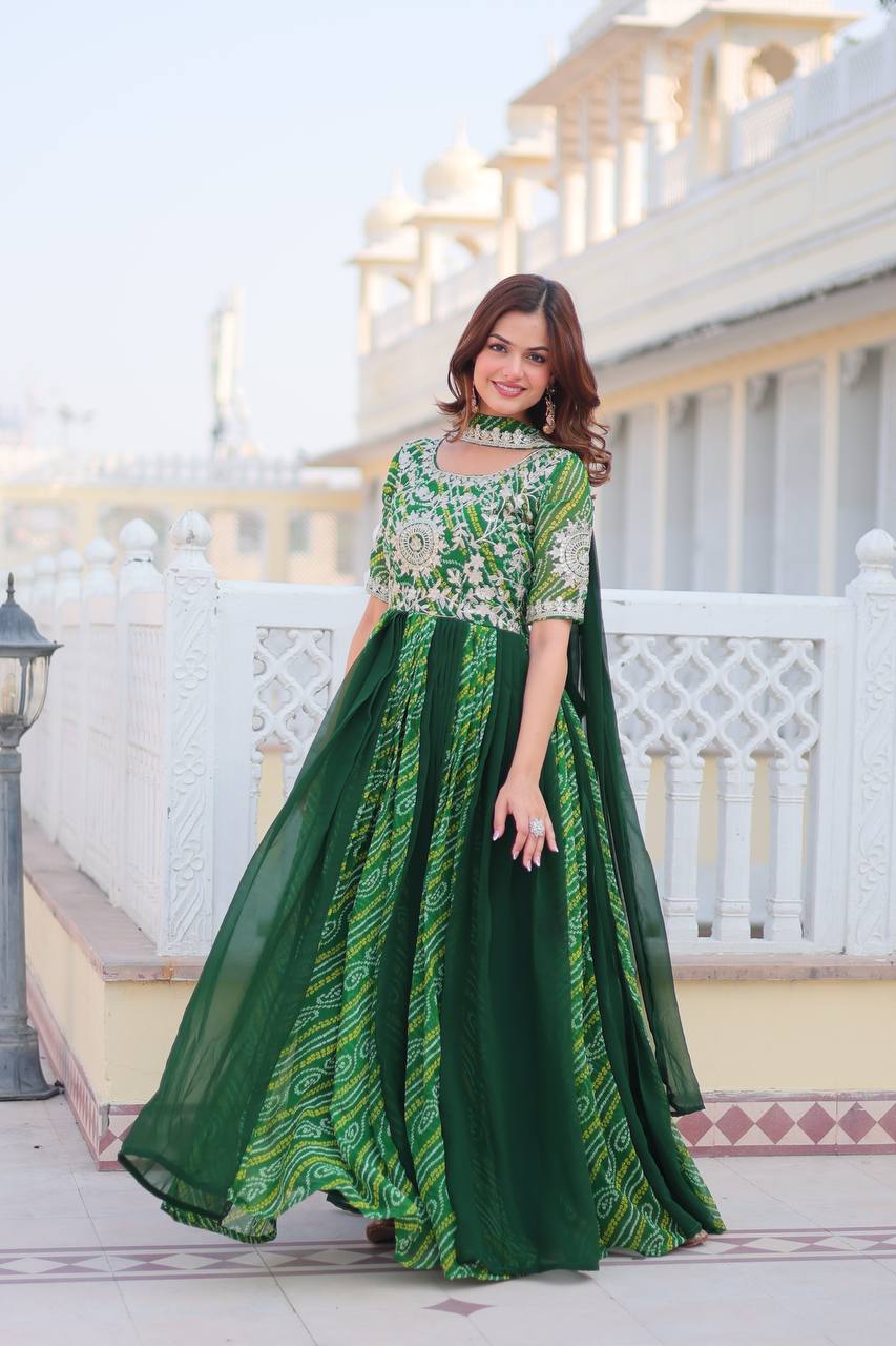 Saanvi Pure Bandhej Georgette Embroidered Gown Set